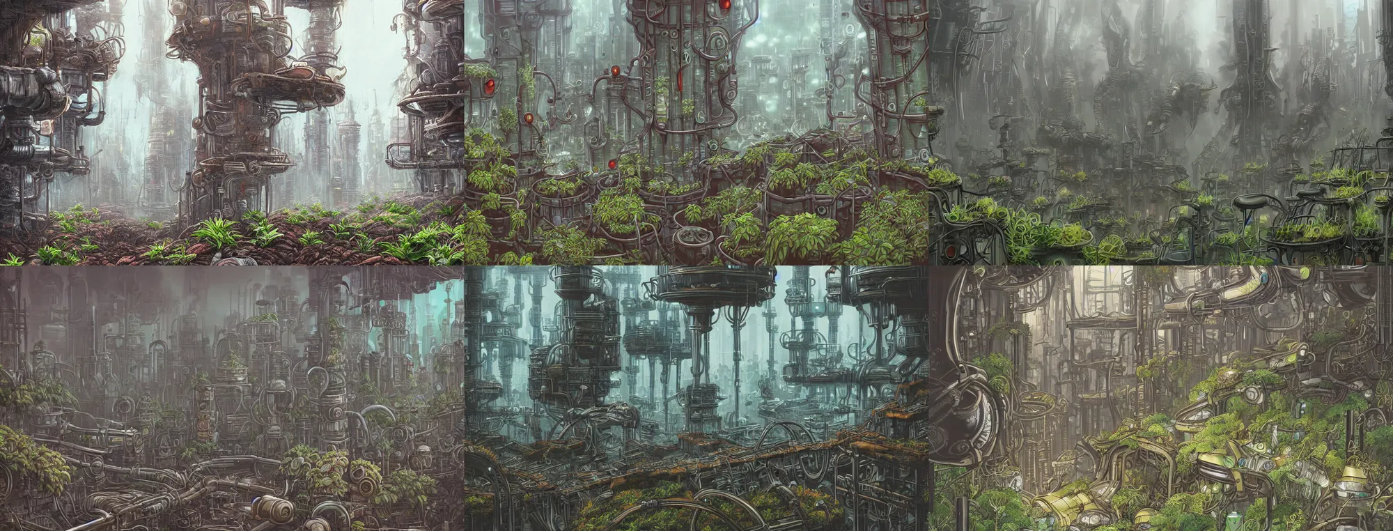 Prompt: plants growing out of old rusty pipes in a futuristic city, ground covored in mist, detailed steampunk illustration
