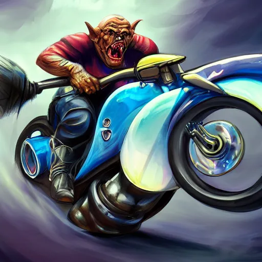 Image similar to colorful airbrush artwork, motorcycle, stylized action shot of an orc biker riding a motorcycle, drifting, skidding, wheelie, clear focused details, soft airbrushed artwork, black background, cgsociety, artstation