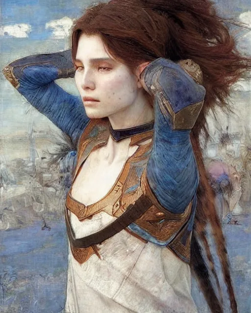 Image similar to a beautiful and strong female warrior by Edgar Maxence, Ross Tran and Jules Bastien-Lepage and Laura Sava