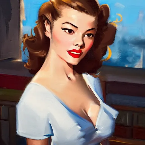 Image similar to greg manchess portrait painting of a beautiful waitress 1 9 4 0's pinup as overwatch's characters, medium shot, asymmetrical, profile picture, organic painting, sunny day, matte painting, bold shapes, hard edges, street art, trending on artstation, by huang guangjian and gil elvgren and sachin teng