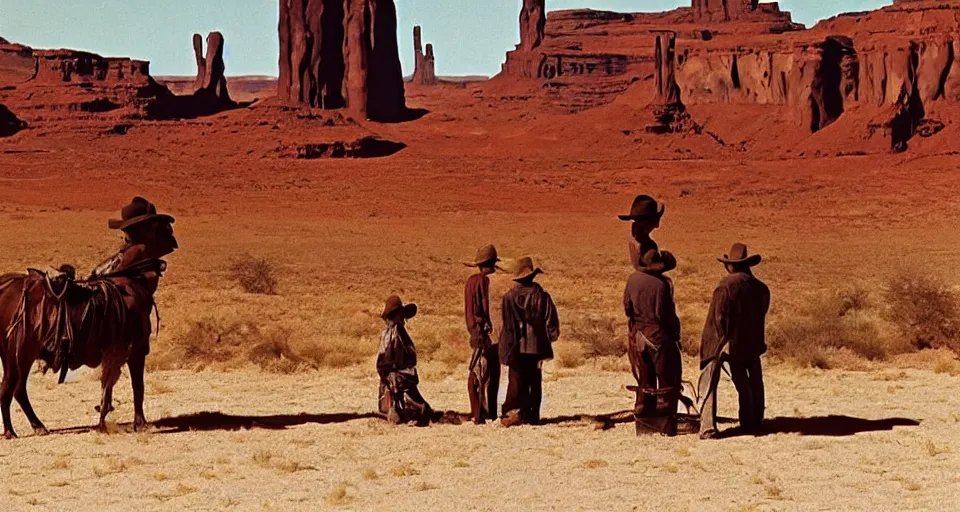 Image similar to film still showing cowboys looking at a gigantic abstract sculpture in the desert directed by Sergio Leone, western, monument valley, cinemascope, technicolor