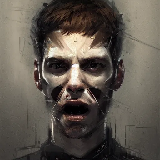 Image similar to Portrait of a man by Greg Rutkowski, symmetrical face, an young man with a VR Heaset above his eyes, Kubric Stare, cold, twisted and sinister smile, highly detailed portrait, scifi, digital painting, artstation, book cover, cyberpunk, concept art, smooth, sharp foccus ilustration, Artstation HQ