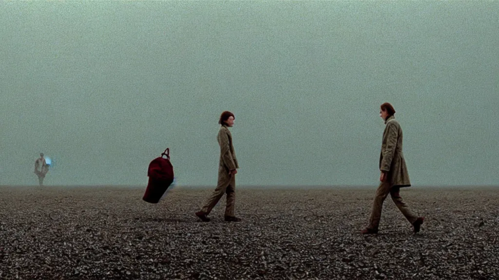 Image similar to 17 feet stepping around, film still from the movie directed by Wes Anderson with art direction by Zdzisław Beksiński, wide lens