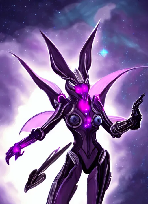 Prompt: detailed cinematic shot, cosmic sized perfectly proportioned stunning beautiful hot female warframe, detailed mecha female dragon head, metal ears purple eyes, sleek silver armor, fuschia leds, floating in empty space, nebula sized, holding a planet, epic proportions, epic size, epic scale, furry art, dragon art, giantess art, warframe fanart, furaffinity, deviantart