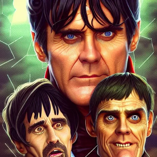 Image similar to hydra of lerna with two heads, one head is jim carey as lloyd christmas, the other head is jeff daniels as harry dunne ( from dumb and dumber ), serpentine water monster, d & d, fantasy, portrait, highly detailed, digital painting, trending on artstation, concept art, sharp focus, illustration, art by artgerm and craig mullins