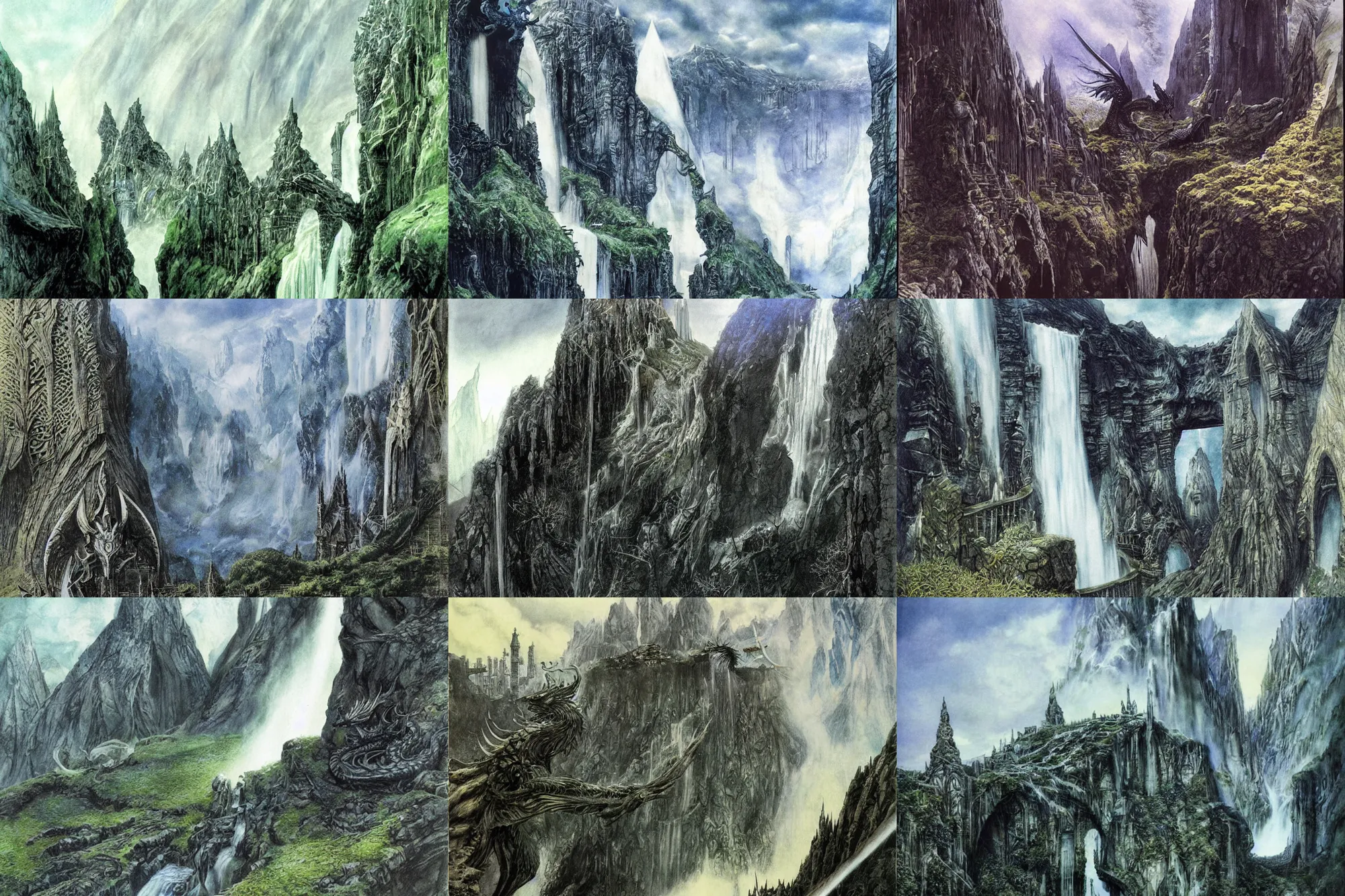 Prompt: An elven city of white sitting in a mountain valley, waterfalls cascade down nearby cliffs, A black dragon casts a shadow from a above onto the elven architecture. Fantasy art by Alan Lee.