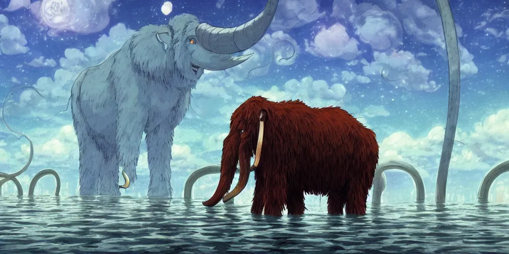 Image similar to a realistic cell - shaded studio ghibli concept art from paprika ( 2 0 0 6 ) of a giant wooly mammoth in a flooded futurist city on a misty starry night. very dull colors, wide shot, hd, 4 k, hq