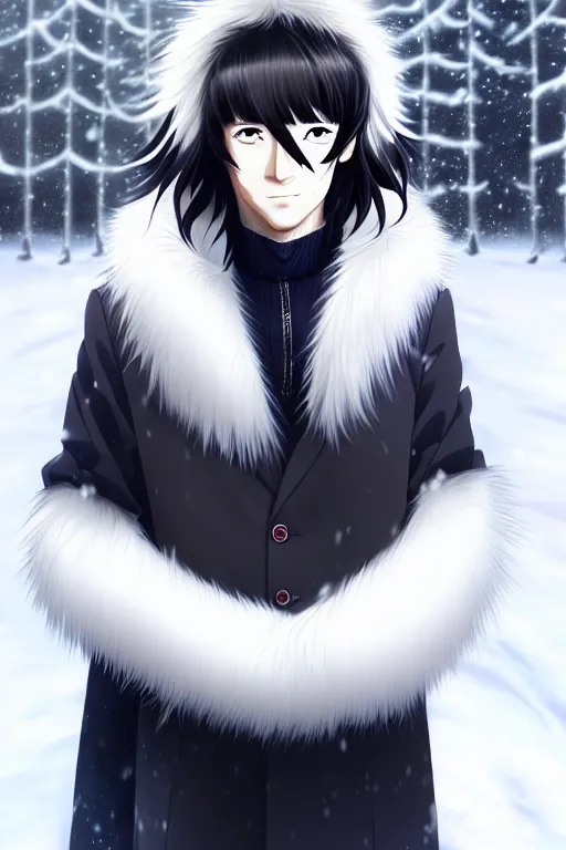 Image similar to anime portrait of a handsome man, dark long hair, side - swept bangs, wearing white fur coat in snow, ilya kuvshinov, anime, pixiv top monthly, trending on artstation, cinematic, danbooru, zerochan art, kyoto animation