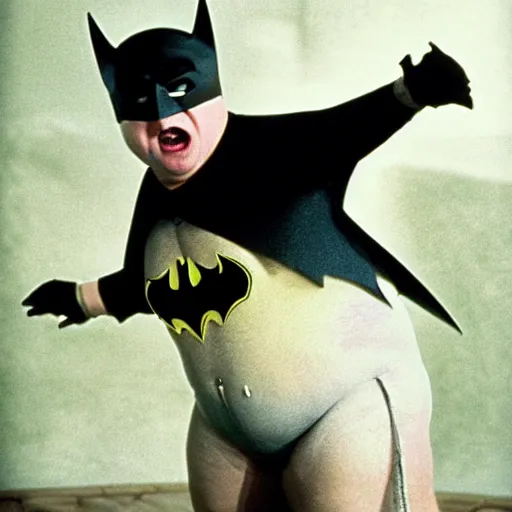 Image similar to chris farley as batman, tim burton batman movie, movie still