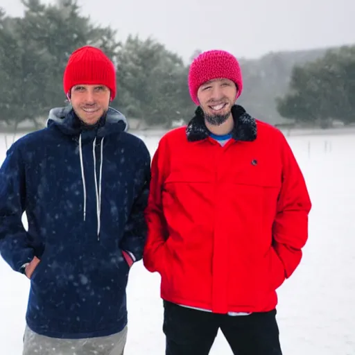 Prompt: two men standing in a snow-covered field, one of them wearing a blue beanie and the other wearing a red beanie, both wearing windbreakers