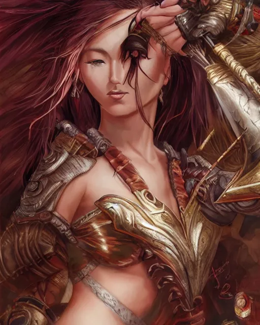 Image similar to A beautiful female warrior being killed by a witch, beautiful face, highly detailed face, close-up, fantasy art, female art, in the style of masami kurumada, illustration, epic, fantasy, intricate, hyper detailed, artstation, concept art, smooth, sharp focus, ray tracing