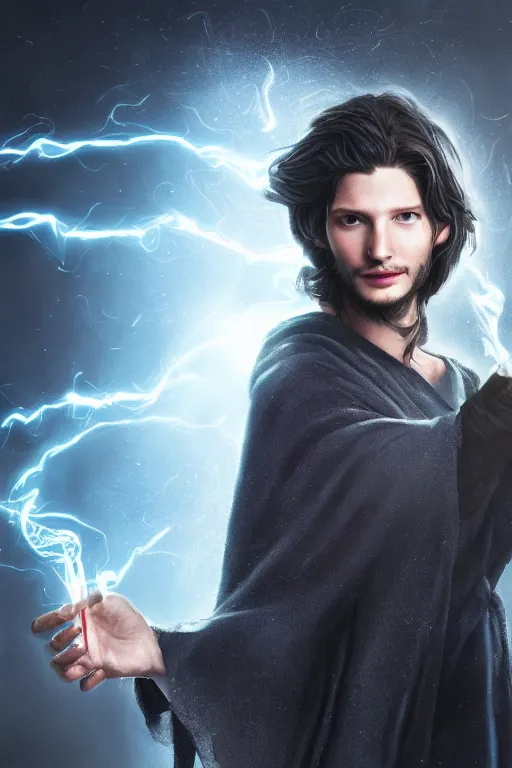 Prompt: Ben Barnes as a dark sorcerer, holding glowing magic before him in his hands, hair and cloak blowing in the wind, high detailed, hyper realistic, art station, 4k, 8k, atmosphere, cgstation