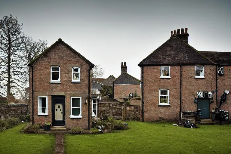 Prompt: cyberpunk, an estate agent listing photo, external view of a 5 bedroom detached countryside house in the UK, by Ravi Zupa