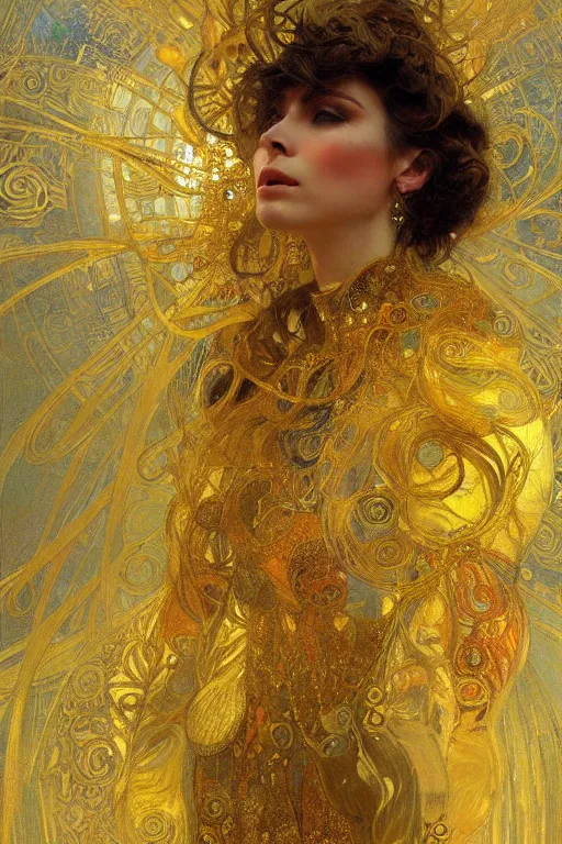 Image similar to an intricate artistic klimt golden motives and textures, hyper detailed, ornamental gold headpiece, octane render, vivid colors, artstation, by jeremy mann, by alphonse mucha, by boris vallejo