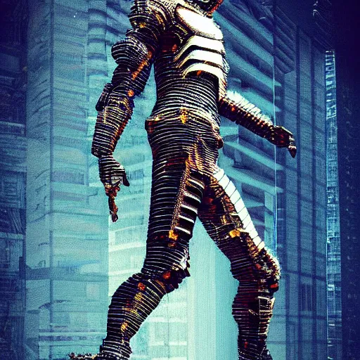 Image similar to a glitch art statue of a cyberpunk knight trending on artstation deviantart pinterest photorealistic hd 8 k highlights and shadow detailed high resolution