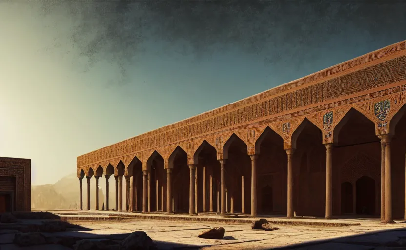 Image similar to exterior shot of utopian ancient persian architecture with cinematic lighting by peter zumthor and renzo piano, darek zabrocki and greg ruthkowski, simon stalenhag, m. c. escher vibe, cinematic, holy place, paradise, scifi, futurism, atmospheric, concept art, artstation, trending on artstation