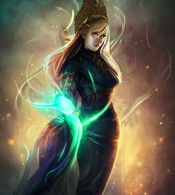Prompt: in the style of throne of glass book cover, sexy young adult female magician three quarters pose in a classroom, fireballs in her hands, blue and green magic lights aura, a portal with elvish symbology opened, d & d, fantasy, highly detailed, digital art, trending on artstation, smooth, sharp focus, illustration, art by peter tang