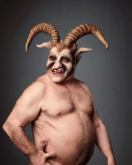 Image similar to actor Danny Devito in Elaborate Pan Satyr Goat Man Makeup and prosthetics designed by Rick Baker, Hyperreal, Head Shots Photographed in the Style of Annie Leibovitz, Studio Lighting