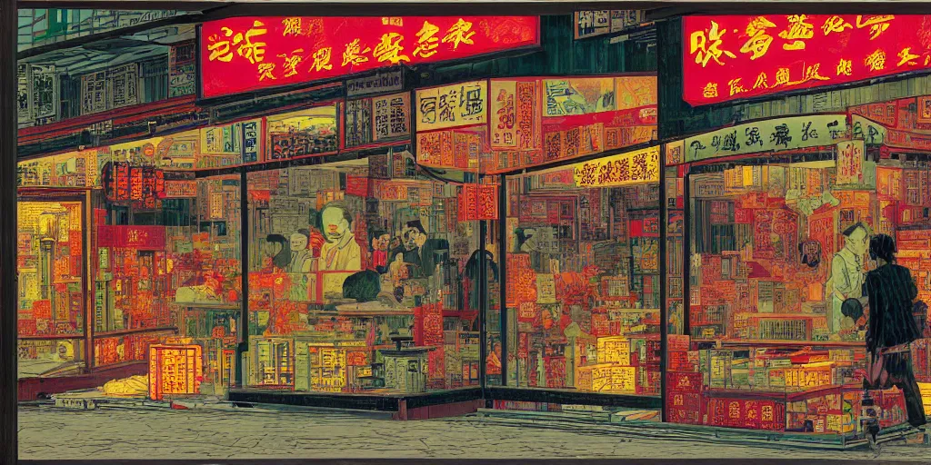 Prompt: a shop window in hong kong, by dan mumford and peter doig and edward hopper, minimal, black in, thick lines highly detailed, muted colours, overlaid with chinese adverts, 8 k