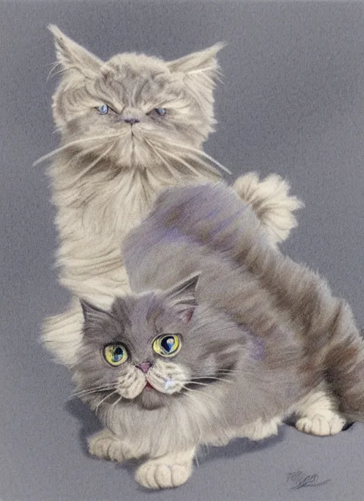 Prompt: a long haired lavender grey selkirk rex cat energetically chases a chubby darktortie scottish fold cat, 2 cats chasing each other, realistic colored pencil rendering eccentric illustration neo - classical, rule of thirds