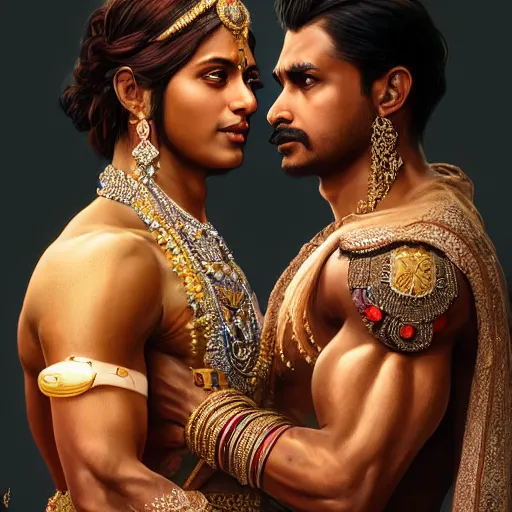 Image similar to portrait painting of dark muscular indian royal couple hugging, ultra realistic, concept art, intricate details, eerie, highly detailed, photorealistic, octane render, 8 k, unreal engine. art by artgerm and greg rutkowski and alphonse mucha