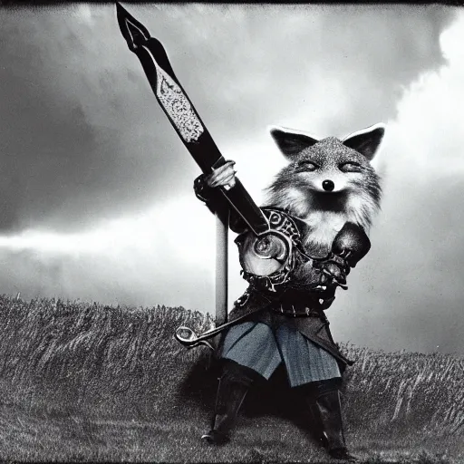 Image similar to anthropomorphic fox who is a medieval knight holding a sword towards a stormy thundercloud 1 9 3 0 s film still, castle in the background, being shown in a theatre