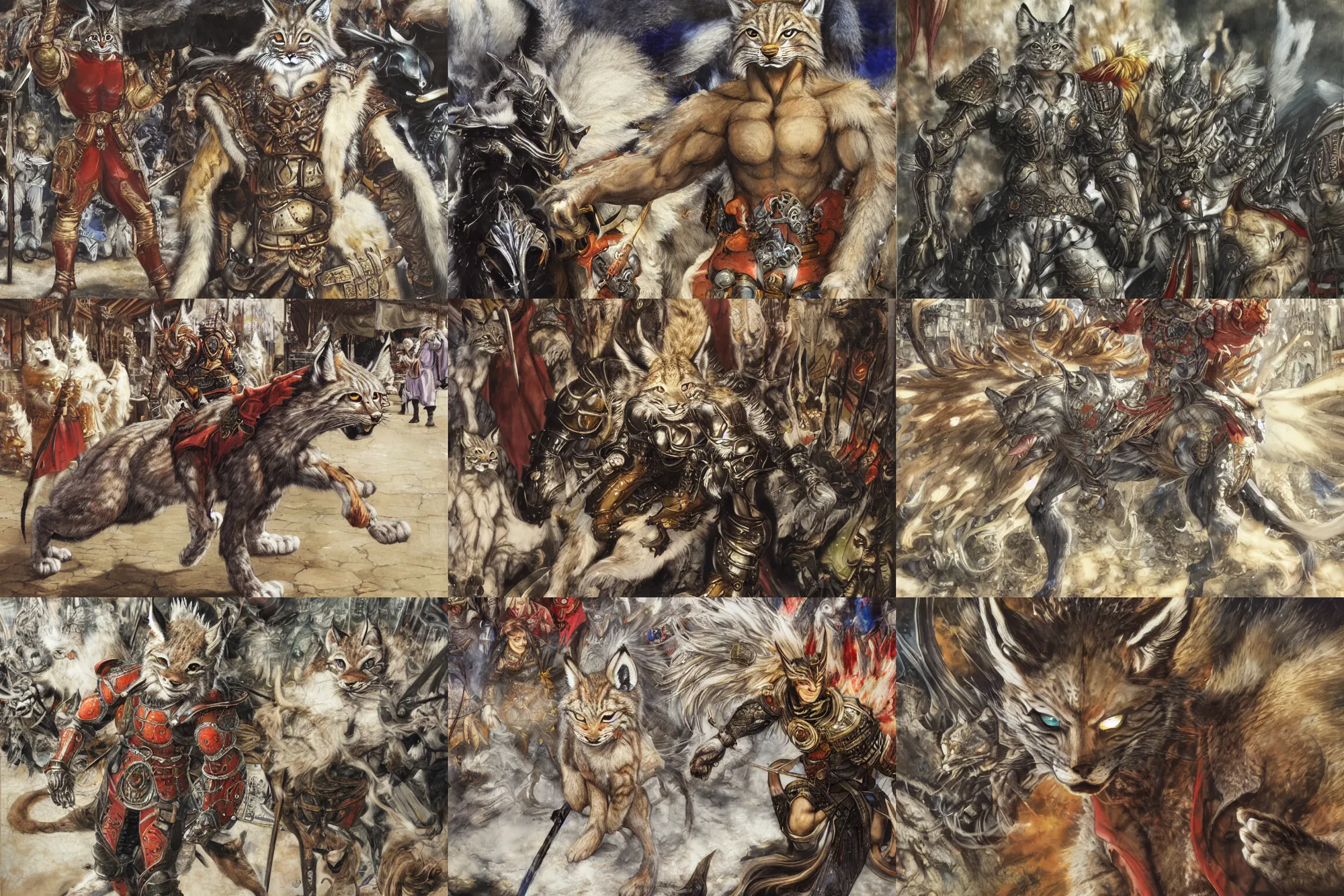 Image similar to 8k Yoshitaka Amano painting of upper body of a young cool looking lynx beast-man with white mane at a medieval market at windy day. Depth of field. He is wearing complex fantasy armors. He has huge paws. Renaissance style lighting.