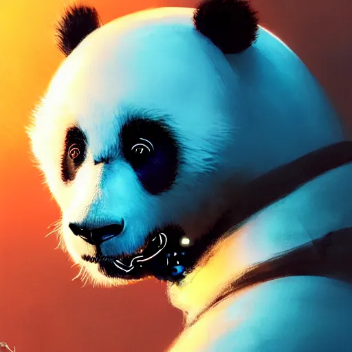 Image similar to cyberpunk synth, hyper - realistic portrait of a futuristic panda soldier, cyberpunk, intricate, lifelike, by atey ghailan, by greg rutkowski, by greg tocchini, by james gilleard, by joe fenton, by kaethe butcher, dynamic lighting, gradient light blue, brown, cinematic lighting color scheme, sharp focus, grunge aesthetic