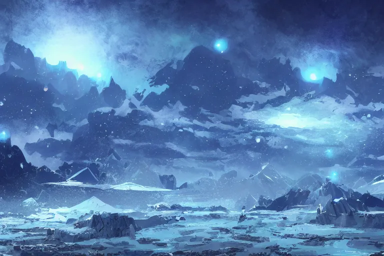 Image similar to blue themed ice crystal landscape, meteor shower, epic, miyazaki style, cinematic, indie, highly detailed, featured on artstation, highly detailed, abstract