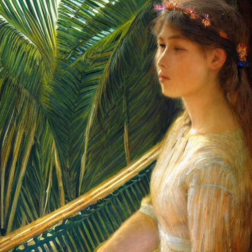 Image similar to a ultradetailed beautiful painting of a girl in the amazonas palace balustrade designed by jules bastien - lepage, hans belmer, frank weston and gustave baumann, beach, trending on artstation, mediterranean, palm trees, refracted color sparkles, sharp focus, soft light, 8 k 4 k