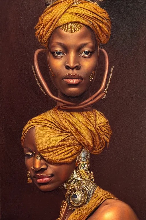 Prompt: hyper realistic painting portrait of african queen, occult diagram, elaborate details, detailed face, intrincate ornaments, gold decoration, occult art, oil painting, art noveau, in the style of roberto ferri, gustav moreau, jean delville, bussiere, saturno butto