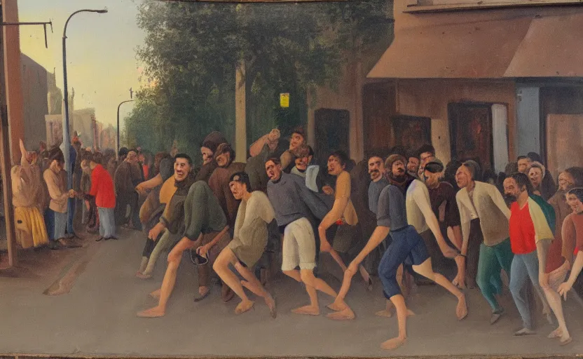 Image similar to ernst ludwig painting of a frightened young man in a street surrounded by people who have no eyes. people are starting at crt televisions on the corner s 1 5 0