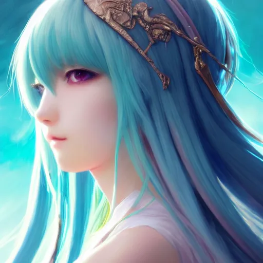 Image similar to Hatsune Miku, closeup, D&D, fantasy, intricate, elegant, highly detailed, digital painting, artstation, concept art, matte, sharp focus, undistorted, illustration, art by Artgerm and Greg Rutkowski and Alphonse Mucha