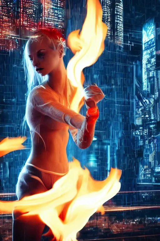 Image similar to wonderful young blonde woman with flames dancing on her hands with a long jacket in a cyberpunk city, realistic, high definition, detailed and symetric face, detailed and realistic hands, expressive eyes, 4 k, shimmering color, epic digital art