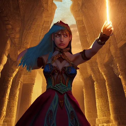 Image similar to digital art of half-elf sorceress from dungeons and dragons, a fireball spell forms in her hands, in a crowded ancient persian city, insanely detailed, depth of field unreal engine ultra-wide angle lens, volumetric lighting, vivid color,