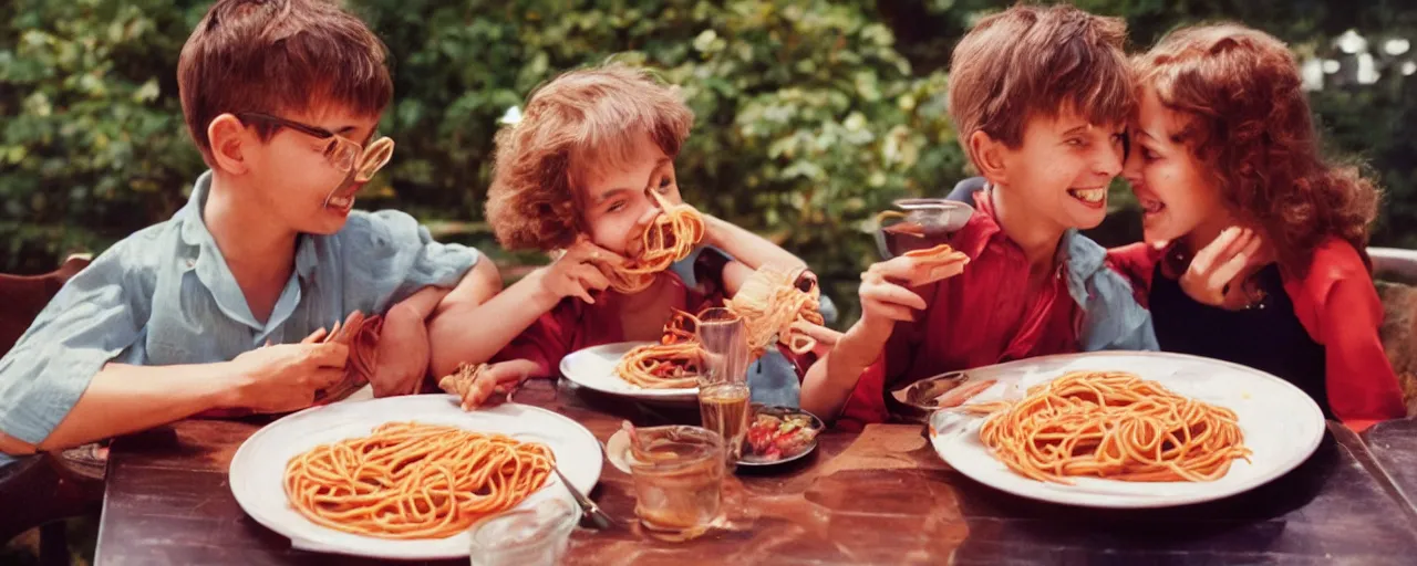 Prompt: a boy and girl on a date, sharing a plate of spaghetti kodachrome, in the style of lady and the tramp, retro