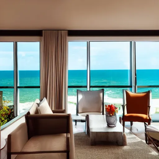Prompt: modern hotel interior design, living room with window facing the sea and sun, photorealistic, ultra-detailed, 4k high resolution, HDR shot