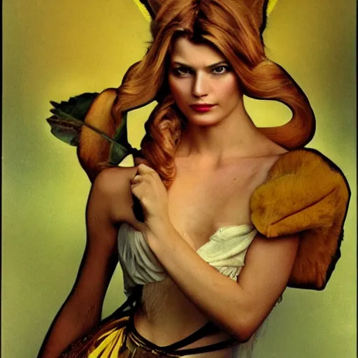 Image similar to elegant muscular woman dressed up as pikachu art photo by Annie Liebovitz and Alphonse Mucha