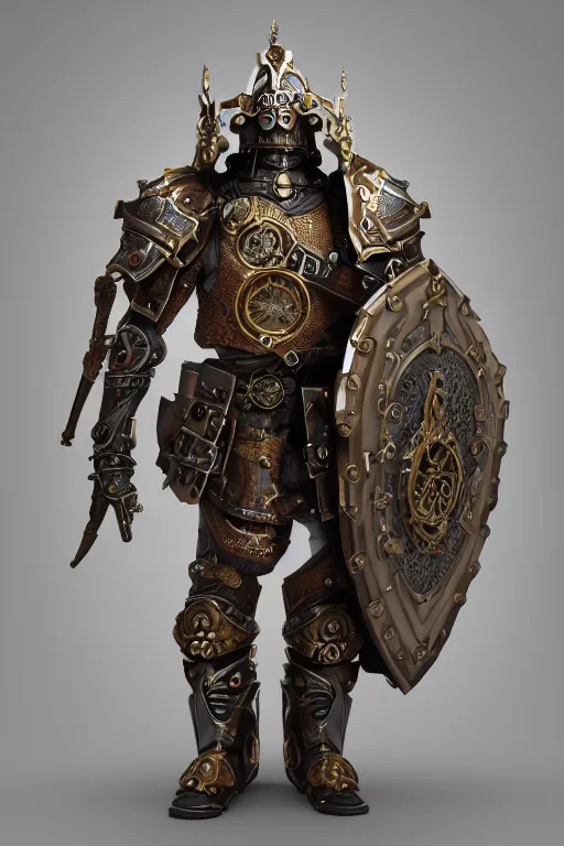 Image similar to steampunk paladin, full body portrait, octane render, 4k, extremely ornate armor and shield, highly intricate