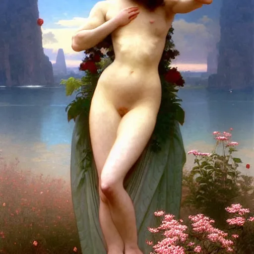 Image similar to a photograph of the most beautiful woman that has ever existed, surrounded by unique natural sightseeing accompanied by the most delicate flowers., highly detailed, digital painting, artstation, concept art, smooth, sharp focus, illustration, art by artgerm and greg rutkowski and alphonse mucha and william - adolphe bouguereau