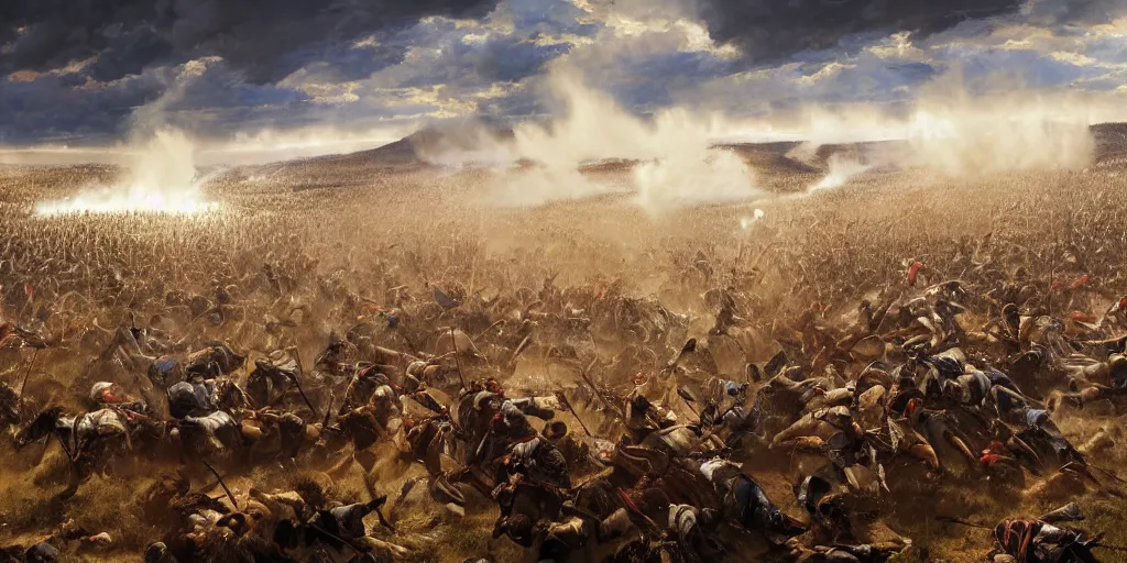 Image similar to zoom in on the battle of little bighorn ( 1 8 7 6 ), majestic sweeping action, cinematic lighting, dramatic lighting, cinematic lighting, hyperdetailed, trending on artstation, cgsociety, 8 k, 4 k, imax 7 0 mm