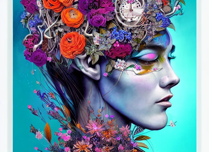 Image similar to a painting of a beautiful cyborg girl with a lot of flowers and blueberries and exotic plants on its head, poster art by android jones, behance contest winner, generative line art, made of flowers, grotesque, concert poster