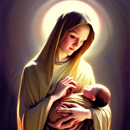 Image similar to the virgin mary holding fetus embryo baby saviour, highly detailed, digital painting, concept art, smooth, sharp focus, illustration, surrealist, absurd, humorous, photoshop, art by artgerm and greg rutkowski and alphonse mucha