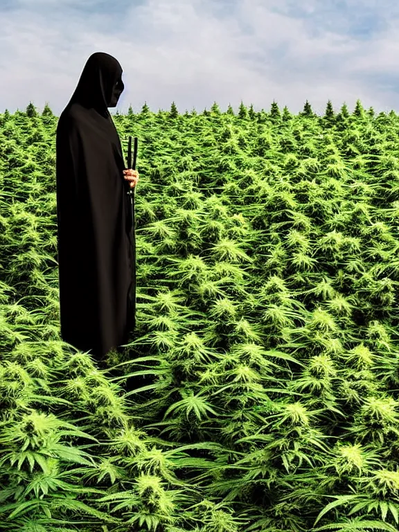 Image similar to grim reaper standing in beautiful cannabis field, grainy, high detail, high resolution,