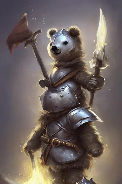 Image similar to cute little anthropomorphic bear knight wearing a cape and a crown, tiny, small, miniature bear, baby animal, short, pale blue armor, cute and adorable, pretty, beautiful, DnD character art portrait, matte fantasy painting, DeviantArt Artstation, by Jason Felix by Steve Argyle by Tyler Jacobson by Peter Mohrbacher, cinematic lighting