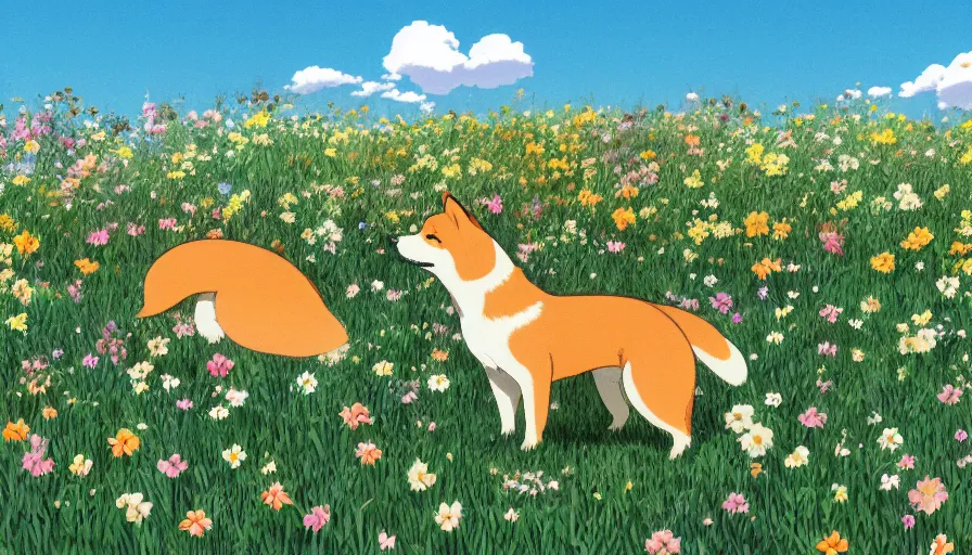 Prompt: a shiba inu standing on a field of flowers, studio ghibli, digital art, illustration, detailed, front page of artstation, sharp focus