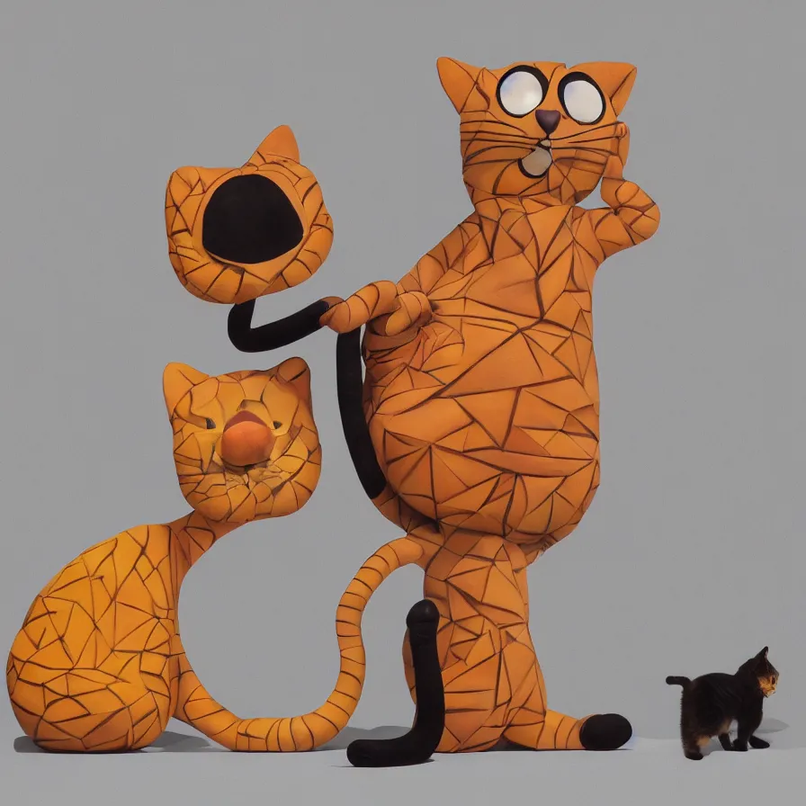 Image similar to beautiful gallery show studio photograph of a giant realistic geometric ceramic sculpture of garfield and nermal cat!!!!, heavily glazed by bridget riley and victor vasarely, placed on a polished wooden table, colorful hyperrealism 8 k trending on artstation