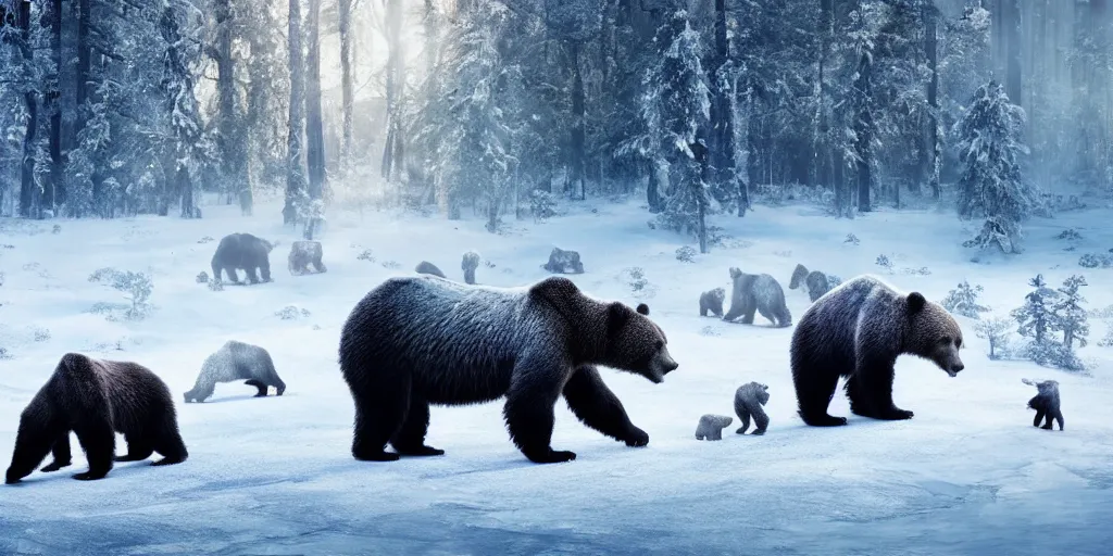 Prompt: Huge Bears wandering in the icey Nordic Scandinavian forest scavenging for food , realistic 4k octane beautifully detailed render, 4k post-processing, highly detailed, intricate complexity, epic composition, magical atmosphere, cinematic lighting, masterpiece, ultra hd