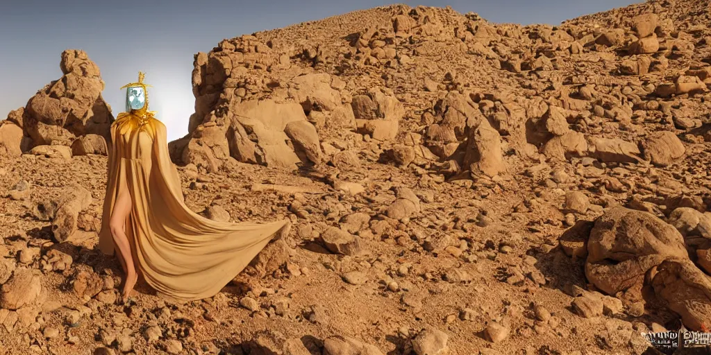 Image similar to levitating dressed woman with full - face golden mask in a dry rocky desert landscape, floating rocks, levitating rocks, visible sky and sunny atmosphere, fata morgana and giant square mirrors by alejandro jodorowsky, anamorphic lens, kodakchrome, practical effects, masterpiece, 8 k