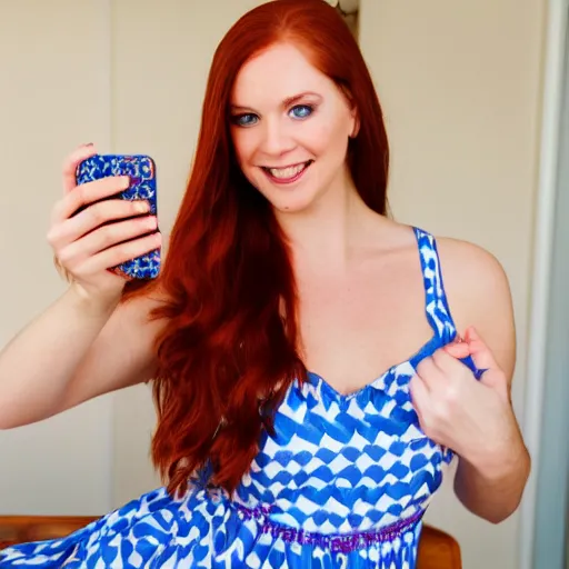 Prompt: selfie of a beautiful woman with auburn hair and blue eyes, wearing a sundress, smiling at the camera, 4 k